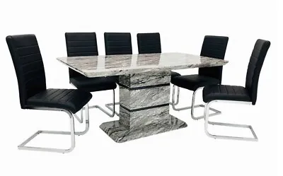New Modern Grey Marble Effect Dining Table With 6 Black Dining Chairs Living • £939.99