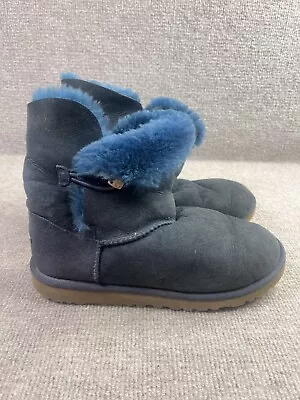 UGG Boots Womens 6 Blue Suede Bailey Button II Sheepskin Flat • $13.65