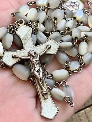 Antique Vintage Sterling Silver Mother Of Pearl MOP & Enamel Rosary Beads DETAIL • $95