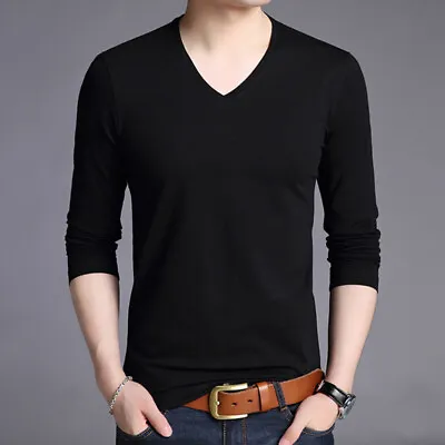 $15.98 • Buy Tee Shirt For Men Cotton T Shirt Full Sleeve Tshirt Mens Solid V-Neck T-shirts 