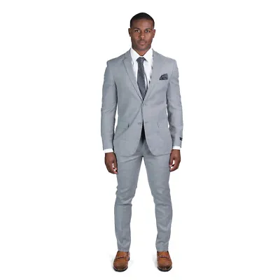 Slim Fit Solid Medium Grey Mens Suit 2 Button Notch Lapel Flat Pants 10036 AZAR  • $99