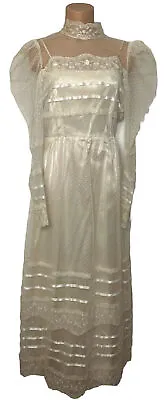 70s Off White Lace Cottagecore Prom Party Wedding Gown Dress Alfred Angelo 10 • $99.99