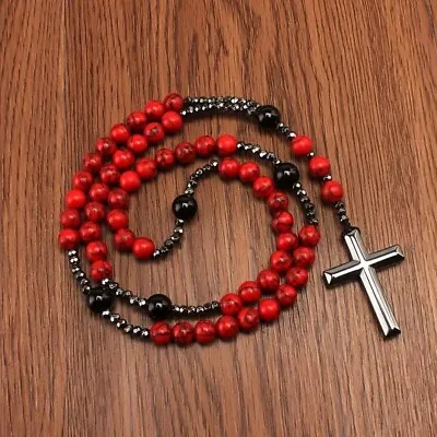 Cross Necklace Men 8mm Red Pine Stone Black Agate Gallstone Rosary Chain Men New • $15.98