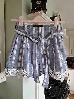£12.99 • Buy ZARA Striped Blue Shorts Sz UK 8 Lace Detail & Belted Summer Holiday Beach Boho