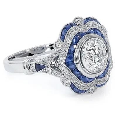 Art Deco Round Lab Created Diamond & Blue Sapphire Engagement 925 Silver Ring • $76