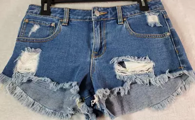 P.S. Erin Wasson Shorts Women Sz 27 Blue Denim 100% Cotton Flat Front Distressed • $11.37