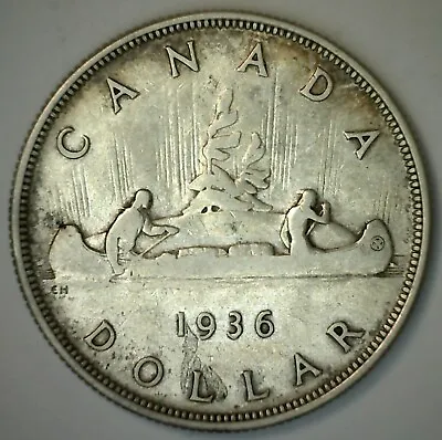 1936 Canada Silver Dollar Coin Circulated Canoe Voyager George V Canadian $1 • $31.95