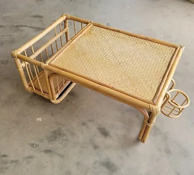 Vtg Bamboo Wicker Rattan Breakfast Bed Tray Lap Desk Drink Holder Storage Boho  • $165.75