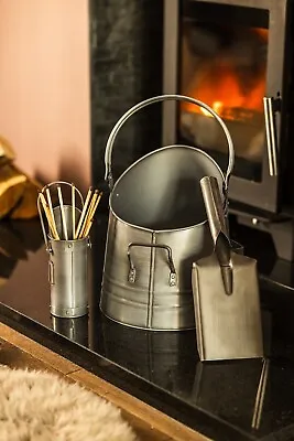 Fireside Accessory Set Coal Bucket Shovel Matchstick Holder Silver Kindling Log • £20.99