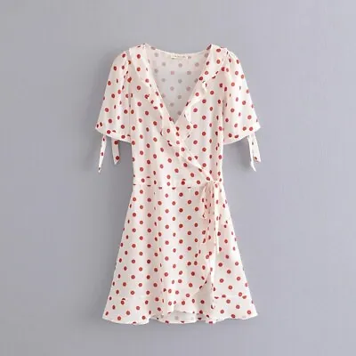 £29.99 • Buy Red Polka Dot White Kimono Dress, Belt Bow Tie Sleeve Women Skirt, Size M S