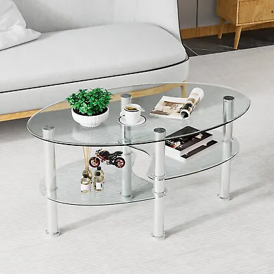 Giantex Oval Coffee Table 3-Tier Tempered Glass & Chrome Base Clear Living Room • $82.95