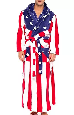 Alexander Del Rossa Mens Hooded USA Flag Print Fleece Full Length Bathrobe XL • $39.99