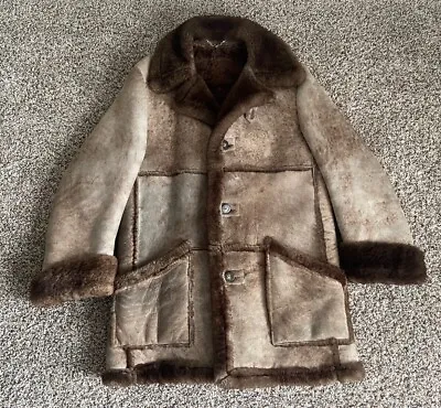 Vintage Sheepskin Shearling Wool Rancher Coat Button Men’s Size 44 Suede Leather • $199.99