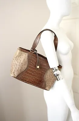 MAX MARA Brown Crocodile Effect Embossed Ostrich Leather Shoulder Handbag • £140