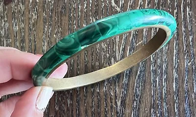 Vintage Brass Green Malachite Inlay Eternity Slip On Bangle Chunky Bracelet B2 • $43.99
