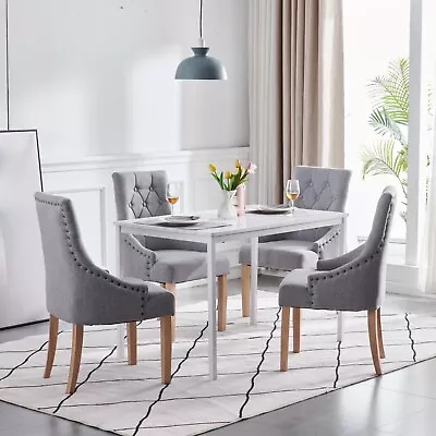 4x Grey Wood Dining Chairs Rivet Armchairs&White Marble MDF Top Dining Table Set • £429.99