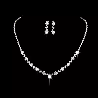 Sparkling Silver Wedding Bridal Crystal Diamante Rhinestone Necklace Earring Set • £5.69