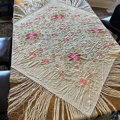 Antique Silk Piano Shawl Floral Embroidered 1920s 48x52” Scarf Plus Fringe 14” • $260