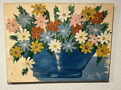 Vintage Oil On Canvas Daisies Still Life Painting Signed • $50