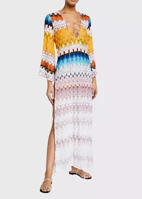 Missoni Mare Multicolor Zigzag Lace-Up Long-Sleeve Maxi Coverup Dress Size 42 • $699.99