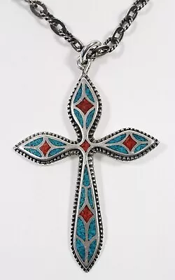 Vintage Sterling Silver Large Cross W/Inlaid Turquoise & Red Coral 32  - 54.7g • $180