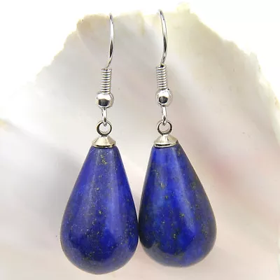 Woman Handmade Water Drop Natural Lapis Lazuli Gemstone Silver Dangle Earrings • $8.69