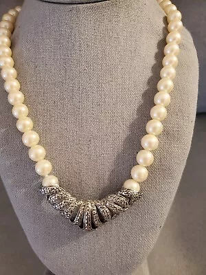 Vintage Faux Pearl Necklace With Faux Marcasite Pendant Collar Length • $11.99