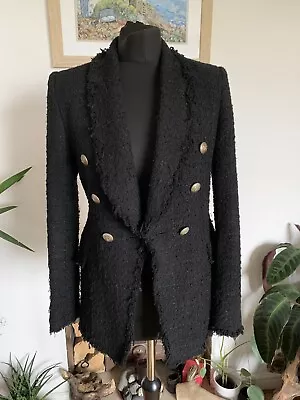 ZARA Tweed Frayed Boucle Black Military Jacket Blazer Coat - Size Small - Frayed • £34.99
