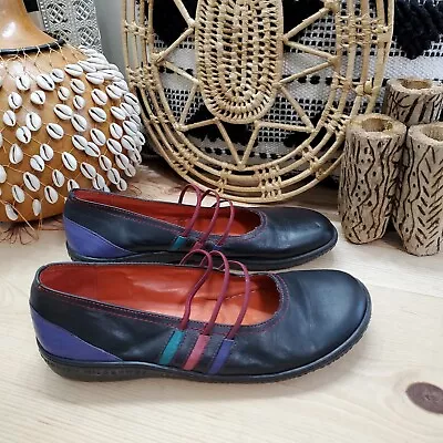 Hispanitas Winter Colors Mary Jane Flats Black Purple Leather Women's 7/38 Spain • $49.99