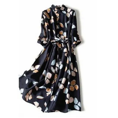 Chiffon Print Women Maxi Dress Belted 3/4 Sleeve Bohemian Swing Shirt Dress • $20.19