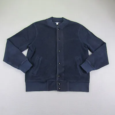 J Crew Jacket Mens Large Blue Vintage Fleece Snap Up Bomber Sweater Coat Cotton • $34.97