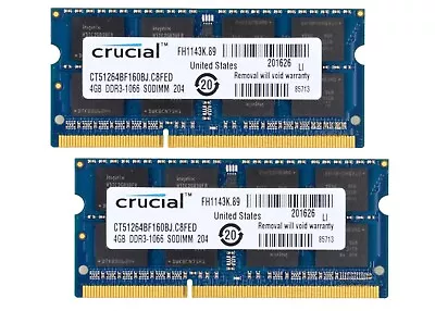 Crucial 8GB 2x 4GB DDR3 PC3-8500 1066 MHz SODIMM Memory Ram Kit Laptop & MacBook • $19.95