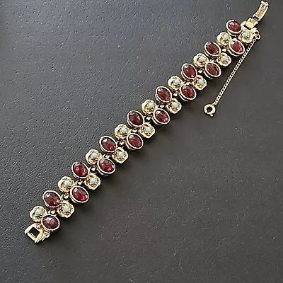 SIGNED ART Vintage Bracelet Ruby Red Glass Rhinestones Faux Turquoise Beads 132 • $12.50