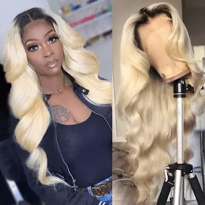Omber Blonde Lace Front Wig Dark Roots Blonde Long Wave Synthetic Wig For Women • $37.99