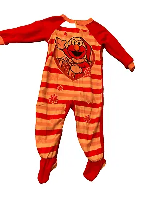 Sesame Street Red Striped Elmo Christmas  Fleece 1 Pc Footed Pajamas 24mo • $9.99