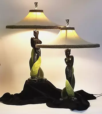 Reglor 1951 MCM Art Deco Lamps Black Woman Man Chalkware Shades Finials RARE • $1700