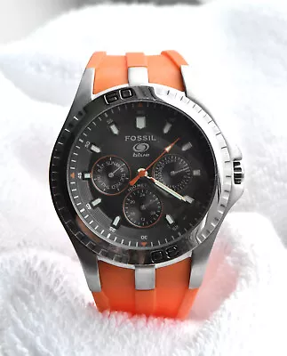 Fossil Blue Watch Mens Silver Tone Black Dial Orange Silicone Band • $39