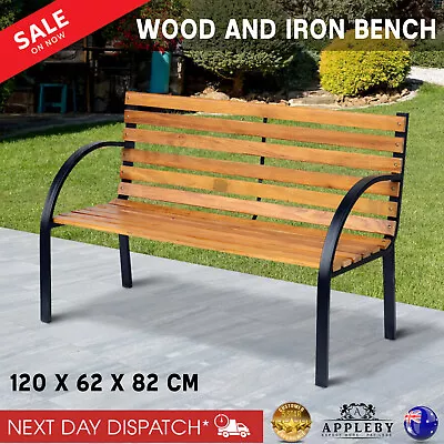 Wooden Garden Bench Seat Patio Vintage Furniture Outdoor Park Chair Iron Frame • $166.38