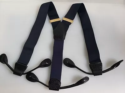 Vintage Men's Suspenders Braces Made In England Navy Elastic Leather Brass • $39