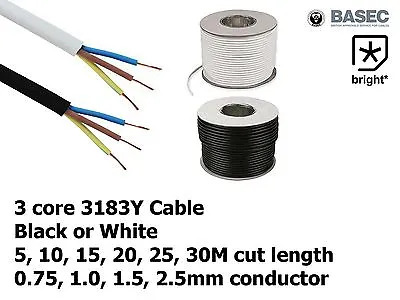 £1.97 • Buy PVC Flexible Cable 3 Core 3183Y Black White 0.75, 1, 1.5, 2.5MM 6A 10A 16A 25A 