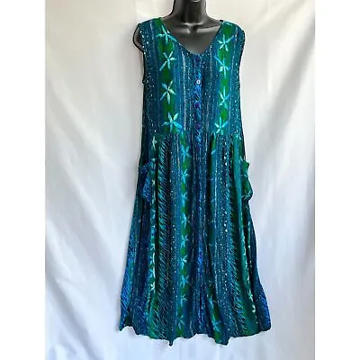 Bila Vintage Indian Maxi Dress Size S Boho Hippie Metallic Crinkle Gauze Green • $28