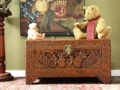 $320 • Buy COMPACT CARVED ORIENTAL CAMPHORWOOD STORAGE TRUNK CHEST  2nd Half 20th Century