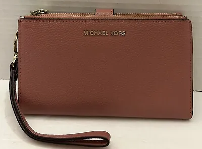 Michael Kors MK Adele Leather Double Zip Phone Case Wallet Wristlet Pink • $40