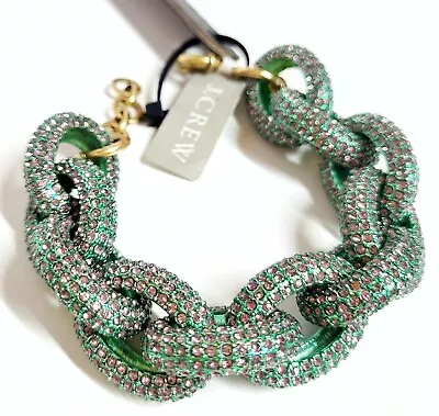 J.Crew Pave Chunky Chainlink Bracelet Emerald Pool Green E3628 Light Gold Ox NWT • $124