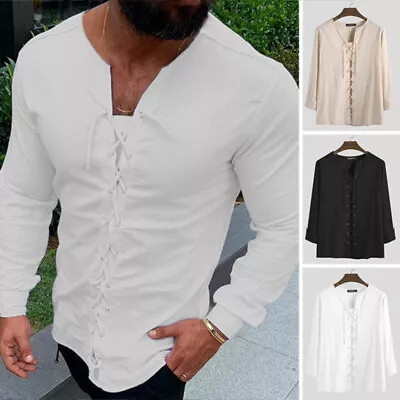 $18.04 • Buy Mens 100%Cotton Long Sleeve V Neck Causal T Shirt Lace Up Bandage Top Blouse Tee