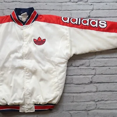 $399.99 • Buy Vintage 80s Adidas Big Logo Satin Jacket Size L Run DMC Varsity White Rare