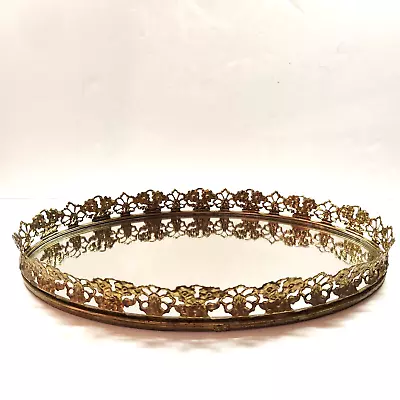 Vintage Oval Gold Filigree Dresser Vanity Tray Mirror With Flocked Back • $24.52