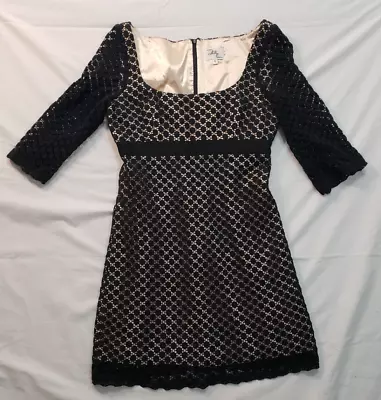 Original Milly New York Black Crochet Lace Gold Lining Empire Waist Dress Sz 10 • $39.99