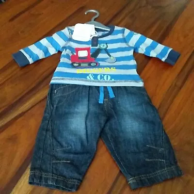 Babaluno Boys DIGGER 2 Piece Outfit Long Sleeved Top & Jeans 0-3 Mths (56-62cm) • £8.99