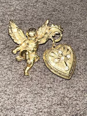 Vintage Gold Tone The Vatican Library Angel Cherub Brooch Pin + Locket • $35